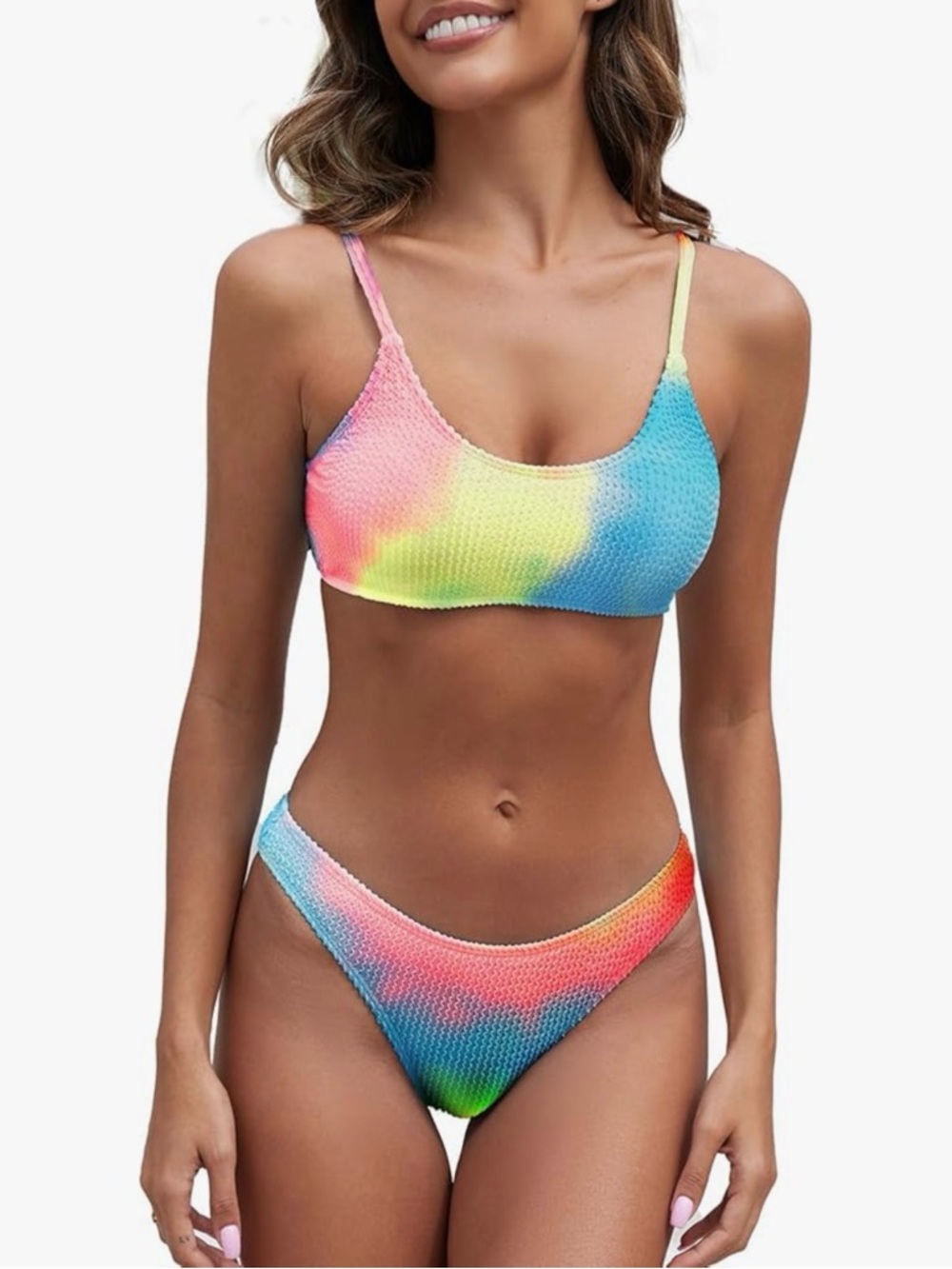 Fanuerg Ribbed Bikini Set Scoop Neck Swimsuit Textured Rainbow Tie Dye S NWT